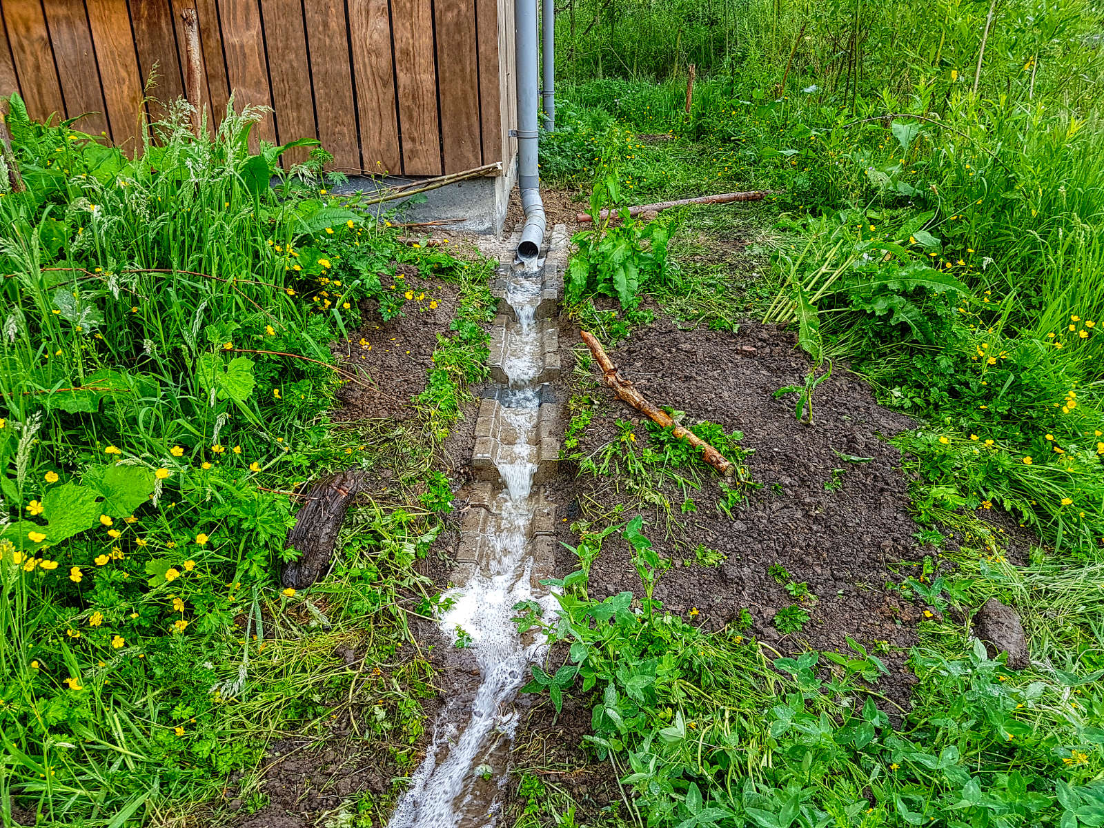 De regenafvoer van het buurhuis Mandora is losgekoppeld en voert het regenwater nu af richting de vijver